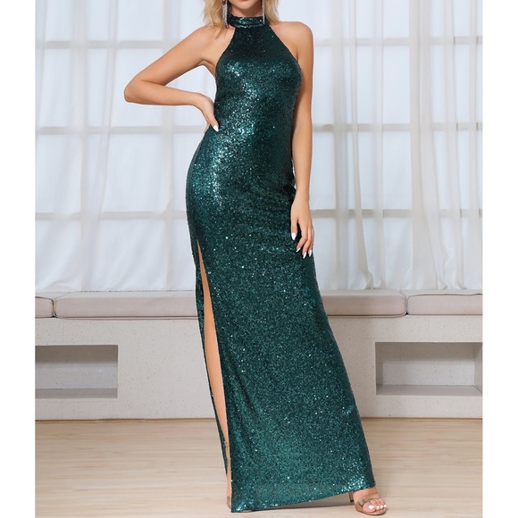 Green Halter Backless Slit Evening Sequin Dress - Picture 5 of 7